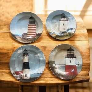 Lighthouse Plates Set Lot 4 Sakura David Carter Brown Lunch Nautical Coastal 8"